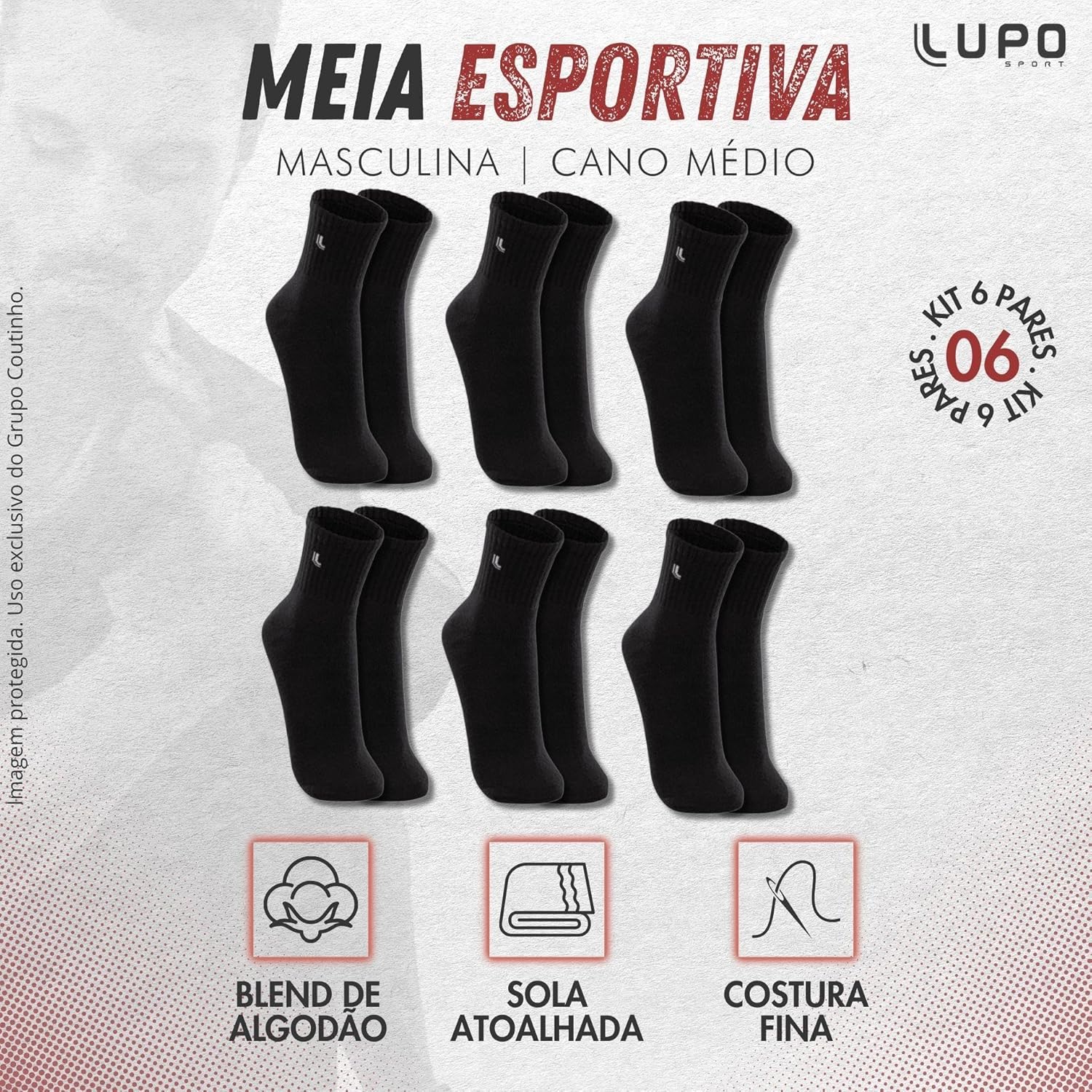 Kit 6 Pares Meias Lupo 3245 Cano Médio Algodão - Sortido