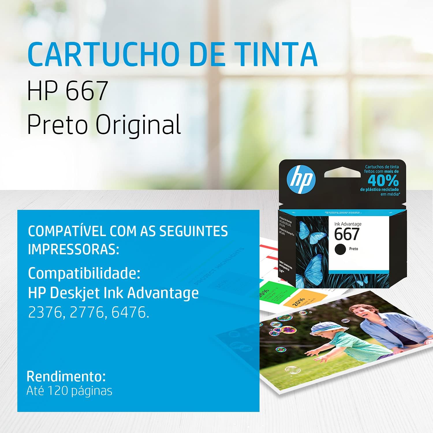 Cartucho de tinta HP 667 Preto Original (3YM79AB) Para Impressora Deskjet 2376, 2776, 6476, 5076, 5276