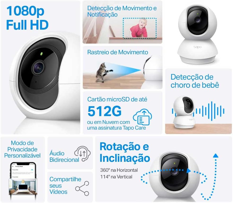 Camera de Segurança Wi-Fi 360º, 1080p Full HD TP-Link Tapo C200, Visão Noturna, Audio de duas vias, Detecção de Movimentos, Trabalha com Alexa, 512G de Armazenamento Local, Armazenamento na Nuvem