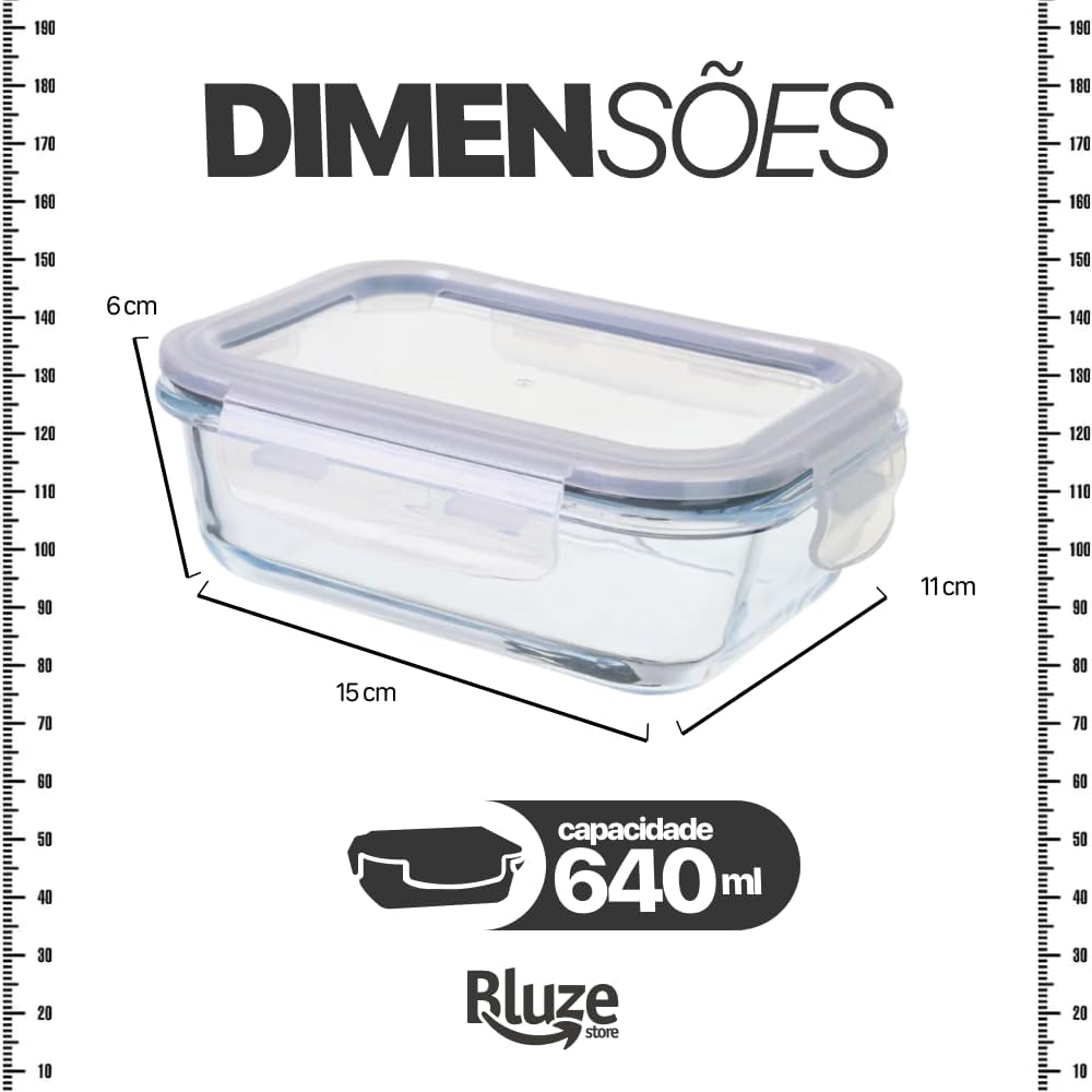 Kit 6 Potes de Vidro Borossilicato Retangular 640ml Marmita Com Tampa Hermética 4 Travas Resistente Livre de BPA Ideal para Conservação de Alimentos Freezer Micro-ondas Lava-louças Premium