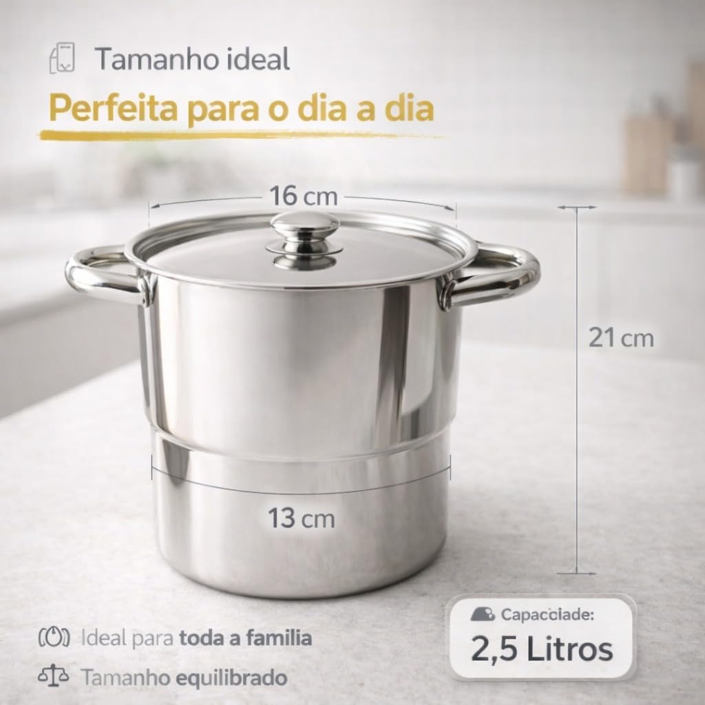 Cuscuzeira Individual Nordestina Inox 2,5L Panela Copacta Resistente Preparo Rápido Fácil Limpeza Ideal para Fogão a Gás e Indução Premium