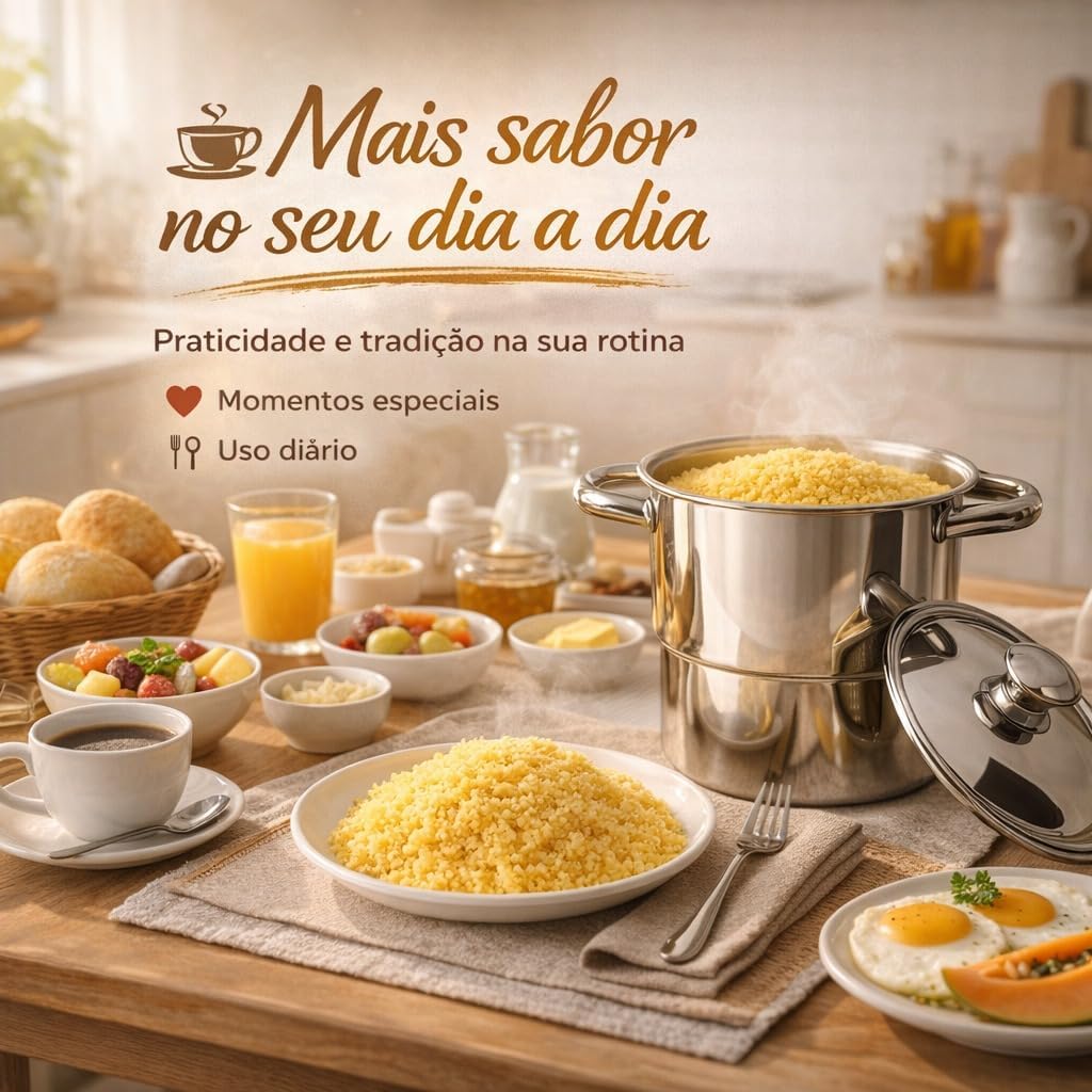 Cuscuzeira Individual Nordestina Inox 2,5L Panela Copacta Resistente Preparo Rápido Fácil Limpeza Ideal para Fogão a Gás e Indução Premium