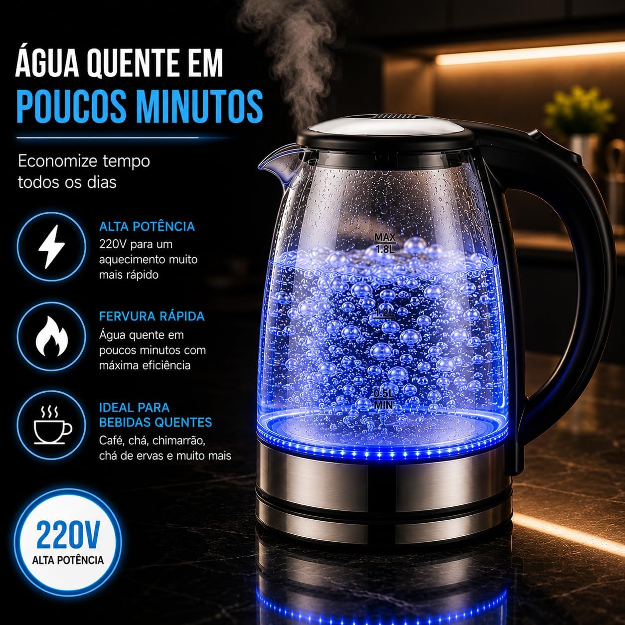 Chaleira Elétrica de Vidro 1,8L 220V com LED Azul – Aquecimento Rápido, Desligamento Automático e Base 360° | Ideal para Chá, Café e Água Quente (220V)