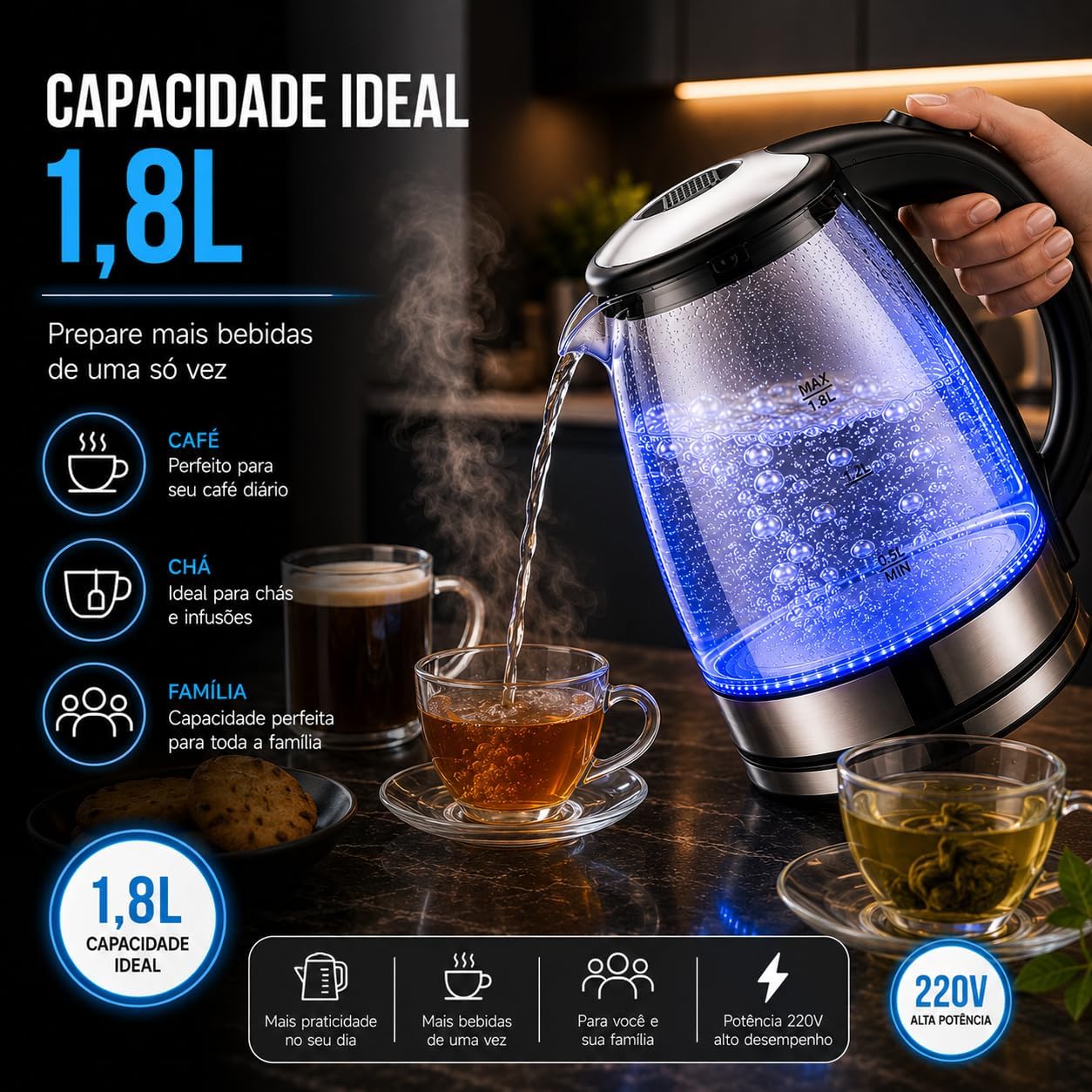 Chaleira Elétrica de Vidro 1,8L 220V com LED Azul – Aquecimento Rápido, Desligamento Automático e Base 360° | Ideal para Chá, Café e Água Quente (220V)