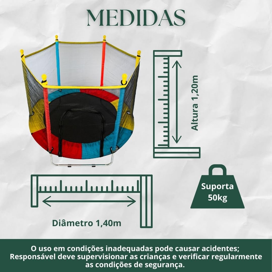 Cama Elástica Infantil com Rede de Proteção, diâmetro 140cm X altura 120cm, Colorida, pula pula para Interior e Exterior ELORIA