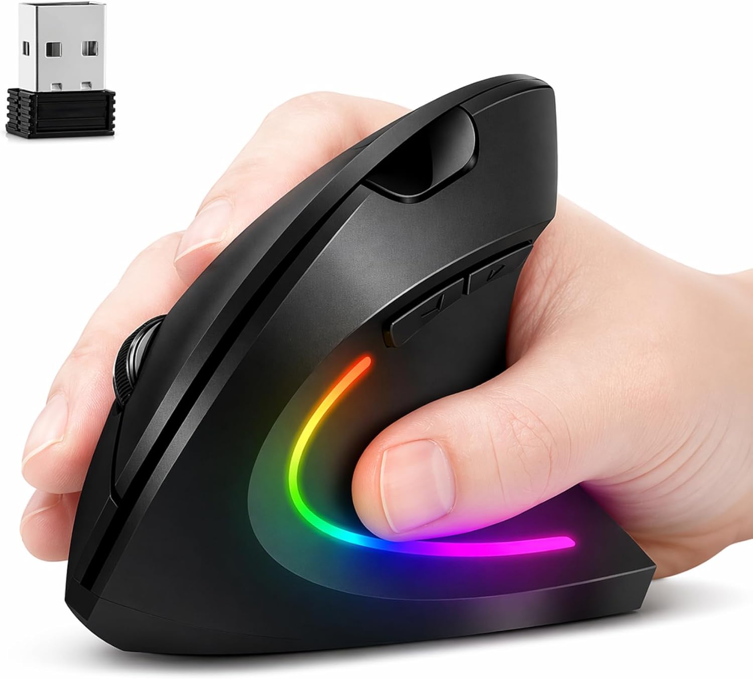Mouse Vertical Ergonômico Recarregável Sem Fio, Dual Mode Bluetooth + 2.4G USB, Cliques Silenciosos, RGB, Compatível com PC e Notebook