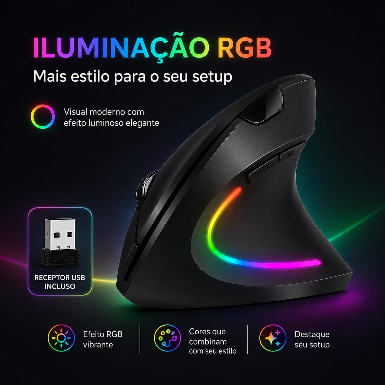 Mouse Vertical Ergonômico Recarregável Sem Fio, Dual Mode Bluetooth + 2.4G USB, Cliques Silenciosos, RGB, Compatível com PC e Notebook