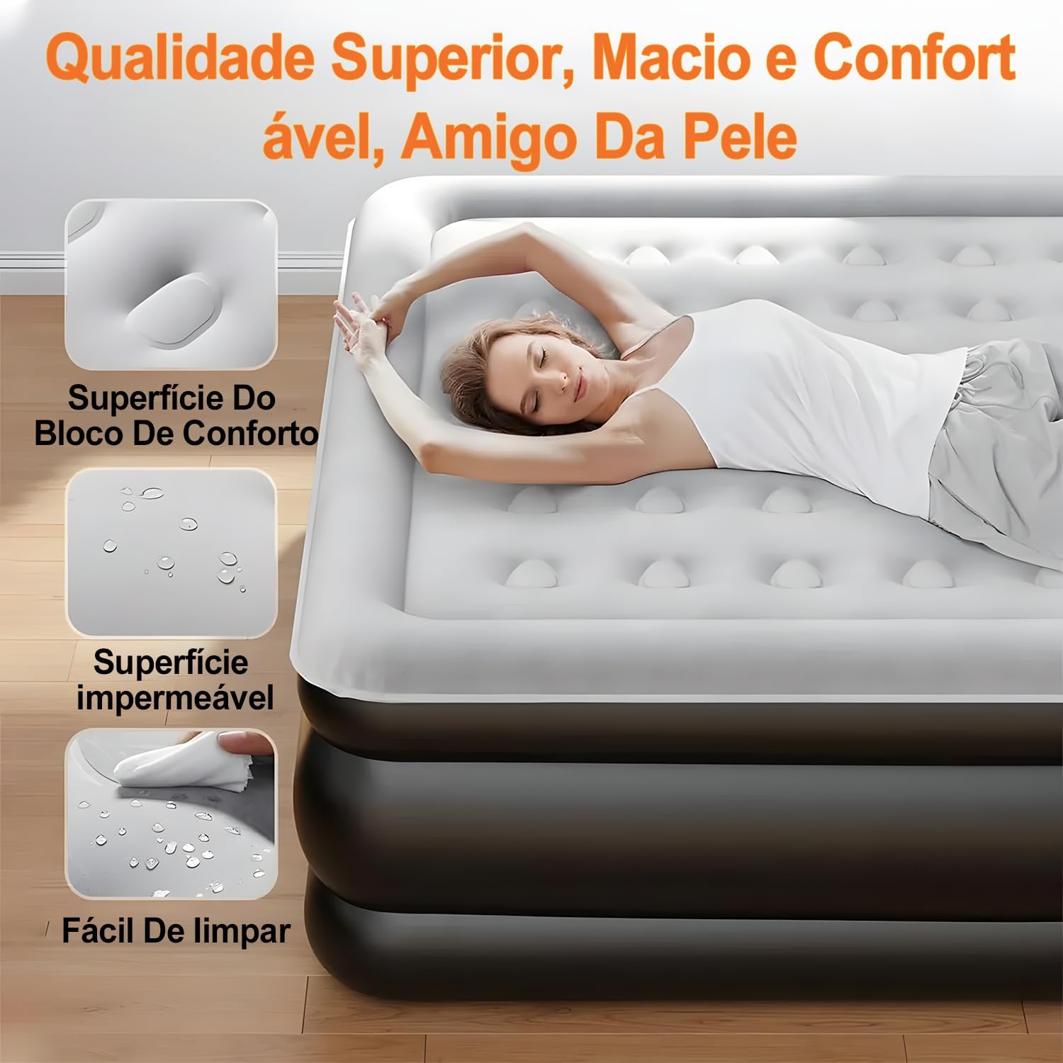 Colchão de Ar Queen Size Premium, Inflável Portátil com Bomba de Lítio Embutida, Cama de Ar para Camping e Casa 203 * 152 * 46 cm (Casal)