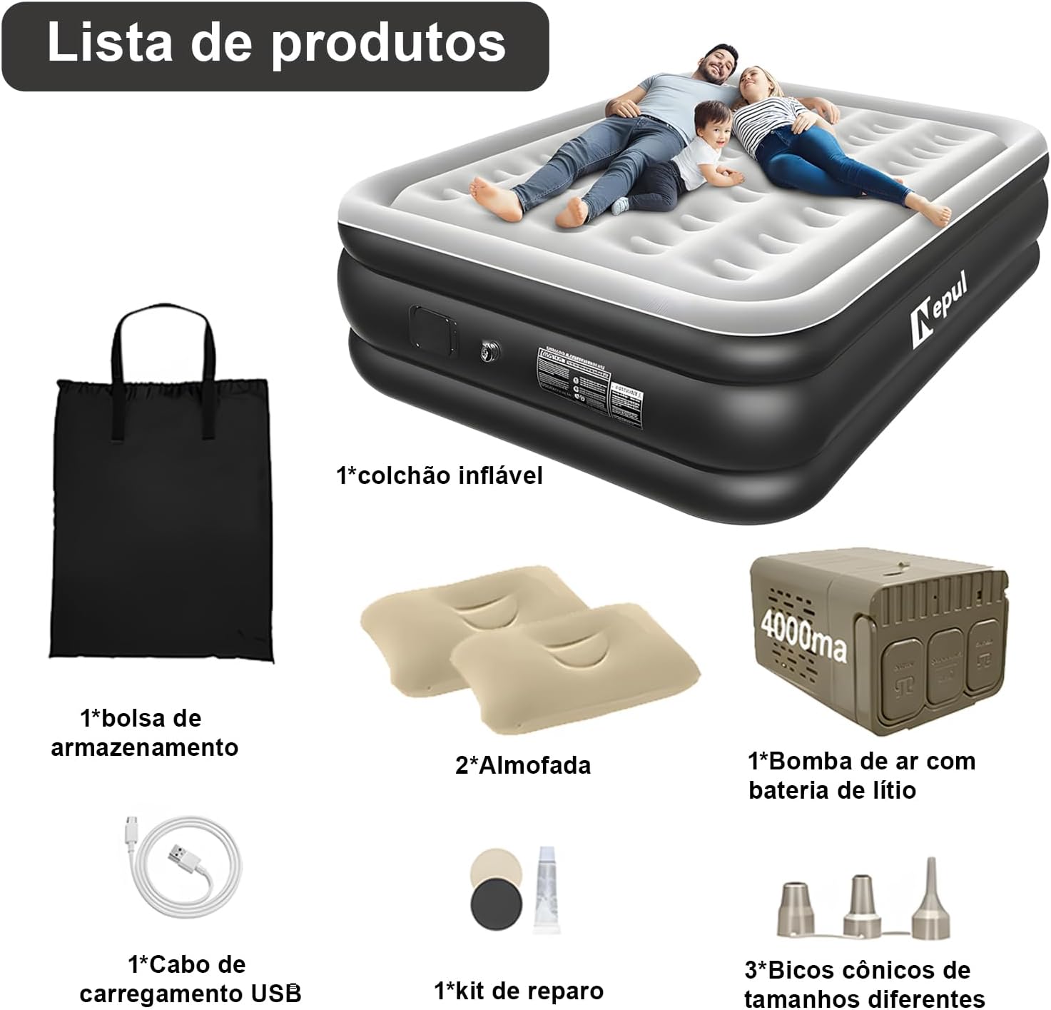 Colchão de Ar Queen Size Premium, Inflável Portátil com Bomba de Lítio Embutida, Cama de Ar para Camping e Casa 203 * 152 * 46 cm (Casal)