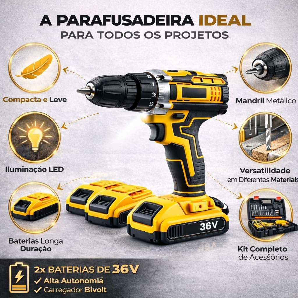 Furadeira e Parafusadeira de Impacto Sem Fio com LED 2 Baterias Recarregáveis Bi-volt e Acessórios Maleta Completa para Uso Profissional e Doméstico Linha Premium
