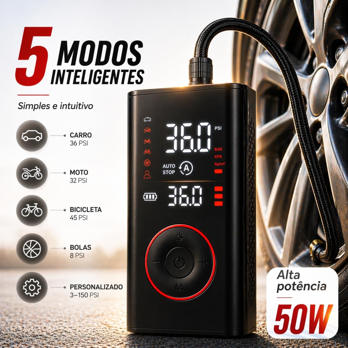 Compressor de Ar Portátil Premium Mini Calibrador Bomba de Ar Digital Para Encher Pneus de Carro, Moto, Bike, Bola e Infláveis Recarregável Sem Fio Com Lanterna LED - Carrega o Celular