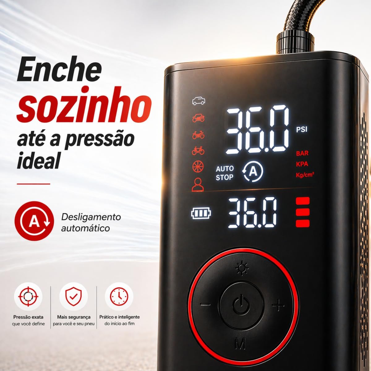 Compressor de Ar Portátil Premium Mini Calibrador Bomba de Ar Digital Para Encher Pneus de Carro, Moto, Bike, Bola e Infláveis Recarregável Sem Fio Com Lanterna LED - Carrega o Celular