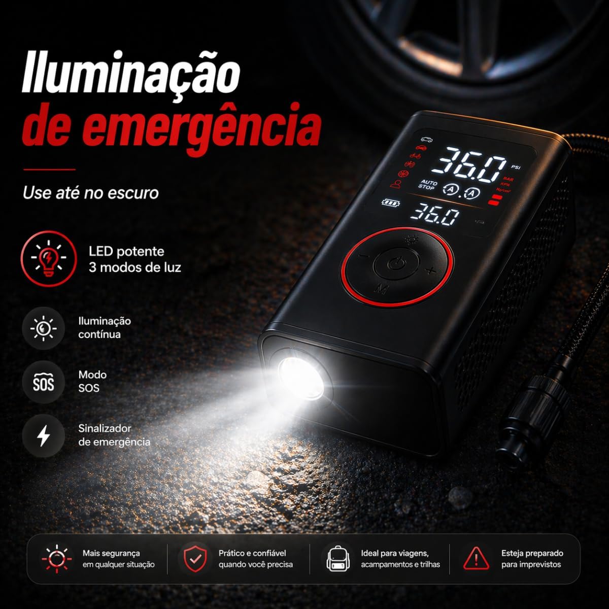 Compressor de Ar Portátil Premium Mini Calibrador Bomba de Ar Digital Para Encher Pneus de Carro, Moto, Bike, Bola e Infláveis Recarregável Sem Fio Com Lanterna LED - Carrega o Celular