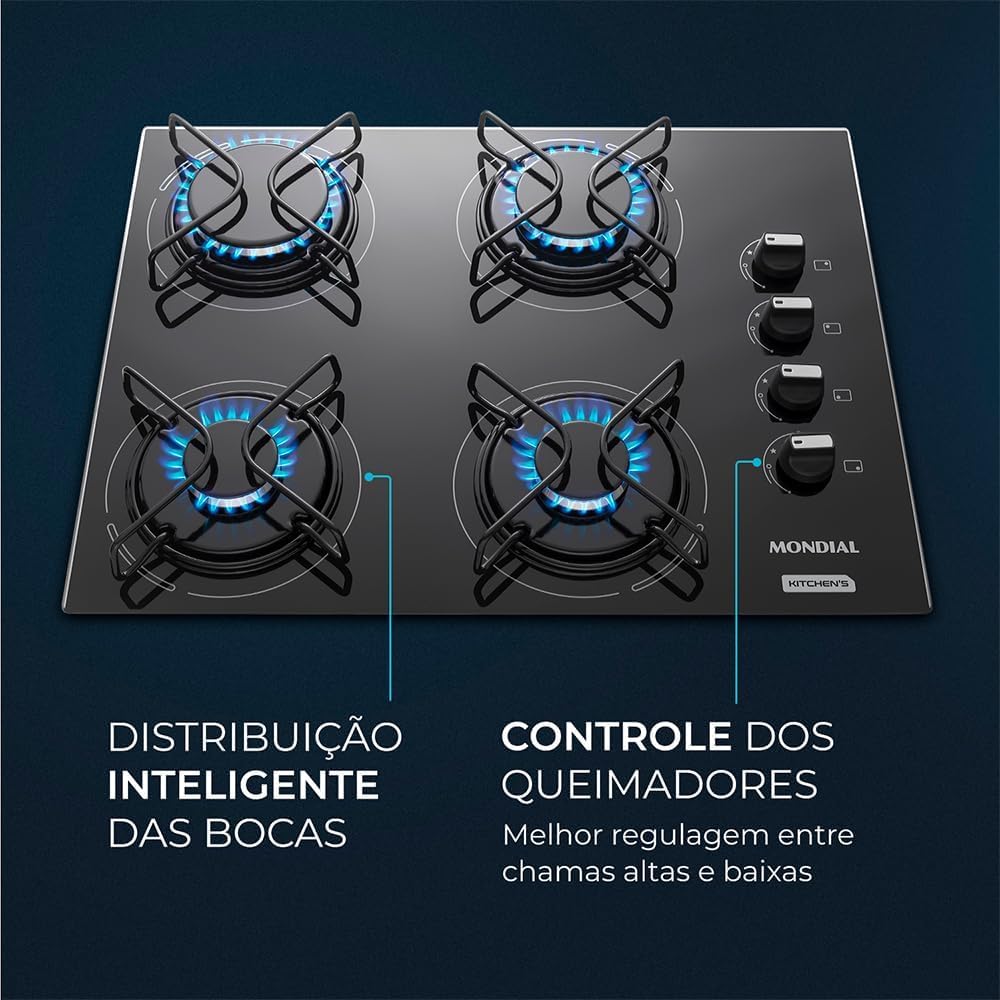 MONDIAL Cooktop a Gás, 4 Bocas, Preto/Inox, Bivolt - CTG-01