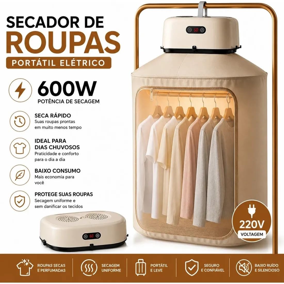Secador de Roupas Elétrico Portátil 110V, Compacto e Leve